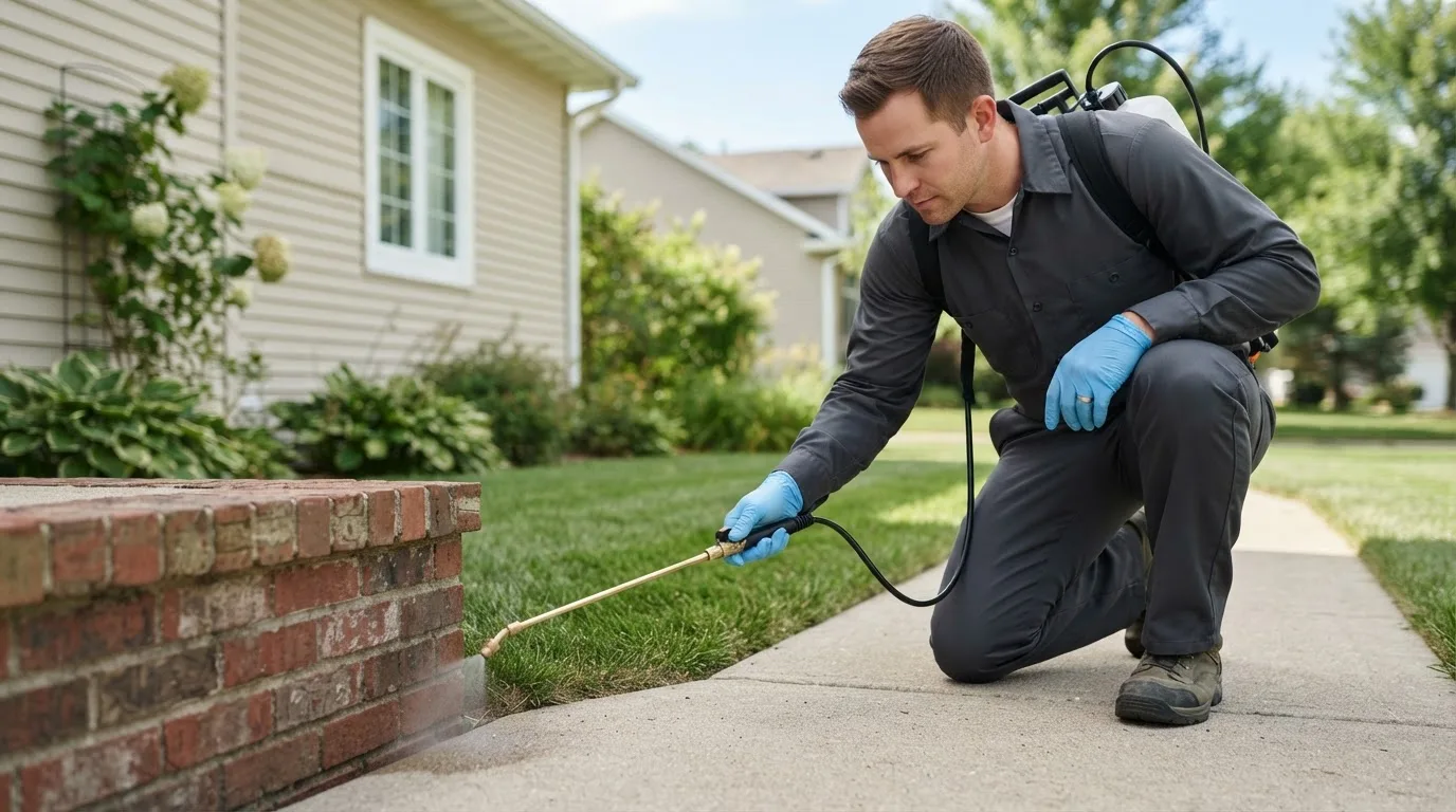 Pest control technician treating a home near Arvonia, VA
